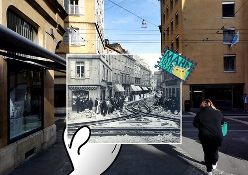 Un montage de la croix-du-marché à Neuchâtel, avant et après la suppression des lignes de tram