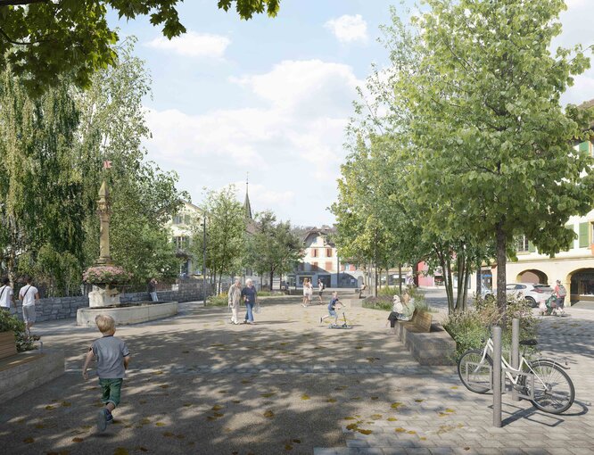 Place de la Fontaine à Peseux (image de synthèse du projet).