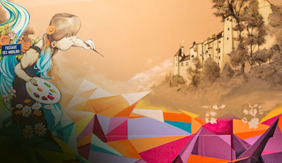 La fresque du passage des Moulins représentant une fillette et sa palette de couleurs
