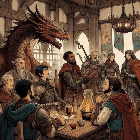 Une taverne avec du monde et un dragon
