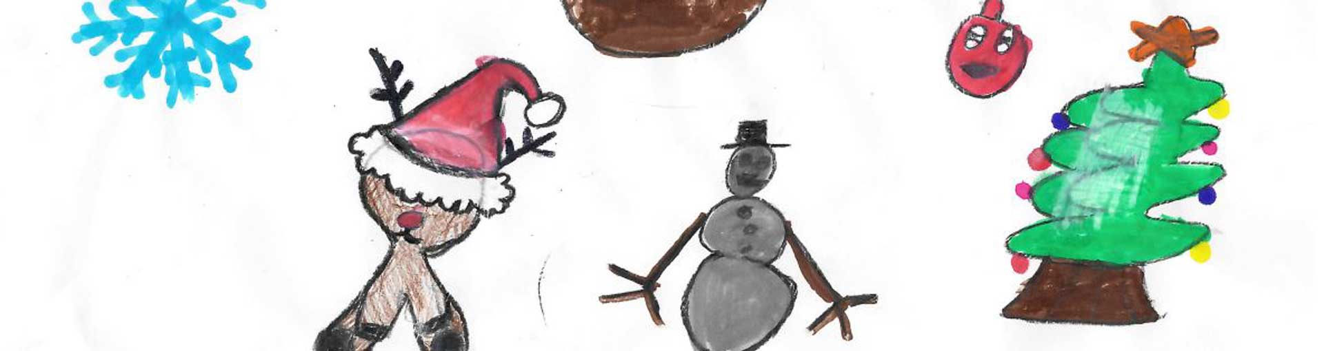 Un dessin d'enfant avec un sapin, un bonhomme de neige et un renne bizarre